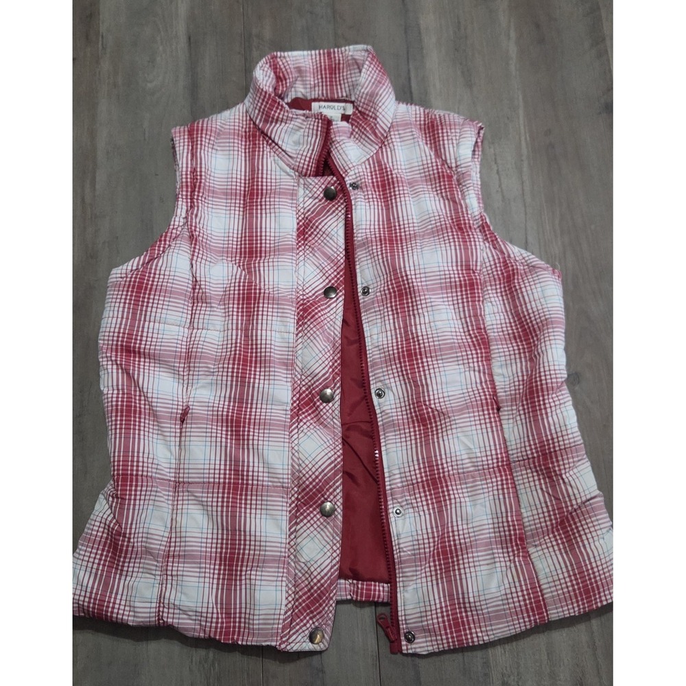Harold's Red & White Plaid Quilted Puffer Vest Sleeveless W/ Zip Pockets Women M